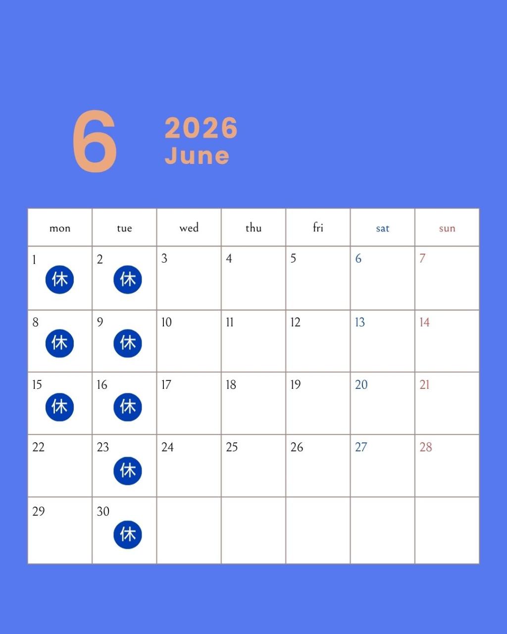６月営業日のお知らせ✨
